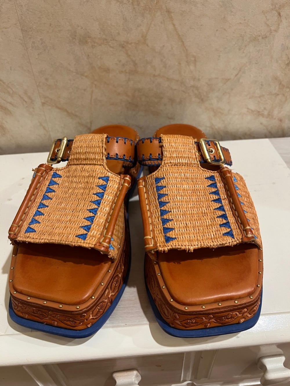 FARM Rio Tan Woven Leather Platform Mules with Blue Stitching